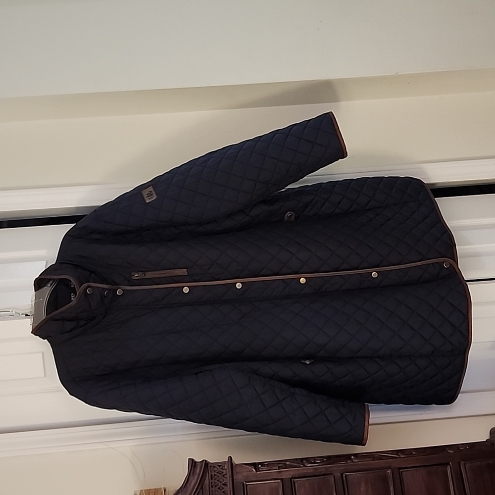 Ralph by Ralph Lauren quilted coat w/ zipoff hood, size 3x, navy blue w/tan trim